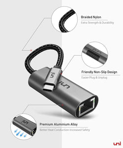 UNI USB-C to Ethernet Adapter, USB Thunderbolt 3 Gray