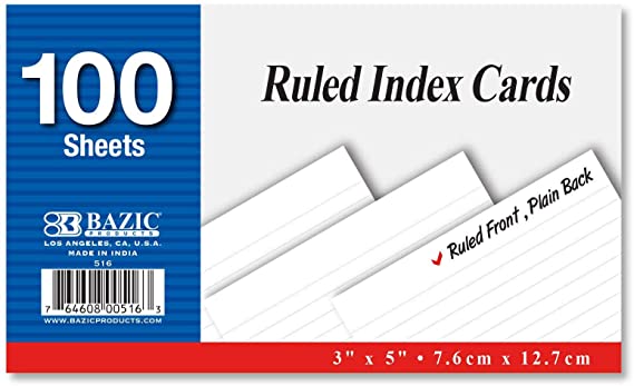 Bazic 100 Count 3 x 5 Ruled Colored Index Card