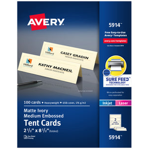 Avery® Medium Tent Cards, Embossed Ivory, Uncoated, Two-Sided Printing, 2-1/2" x 8-1/2", 100 Cards (5914)