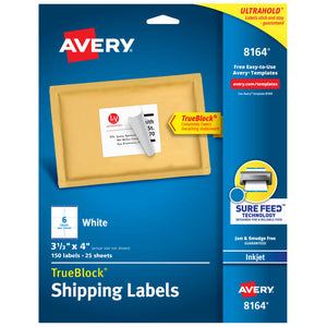 Avery® TrueBlock® Shipping Labels, Sure Feed™ Technology, Permanent Adhesive, 3-1/3" x 4", 150 Labels (8164)